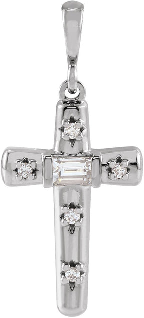 Platinum Straight Baguette Natural Diamond Accented Cross Necklace or Pendant