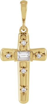 14K Gold Straight Baguette Natural Diamond Accented Cross Necklace or Pendant - Yellow Gold