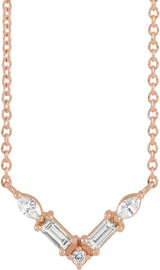 14K Gold Straight Baguette Natural Diamond Petite V Necklace - Rose Gold