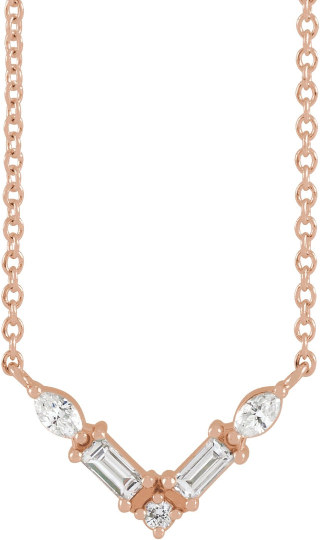 14K Gold Straight Baguette Natural Diamond Petite V Necklace - Rose Gold