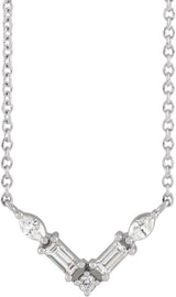 14K Gold Straight Baguette Natural Diamond Petite V Necklace - White Gold