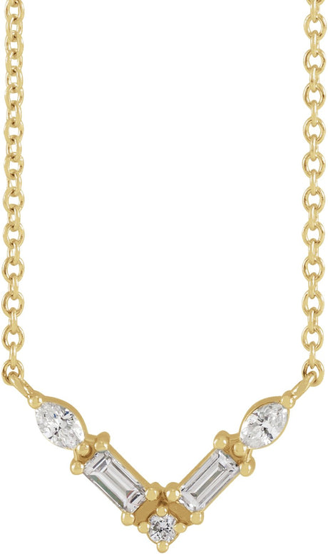 14K Gold Straight Baguette Natural Diamond Petite V Necklace - Yellow Gold