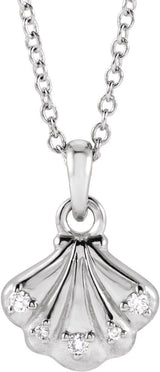 14K Gold Round Natural Diamond Seashell Necklace or Pendant - White Gold