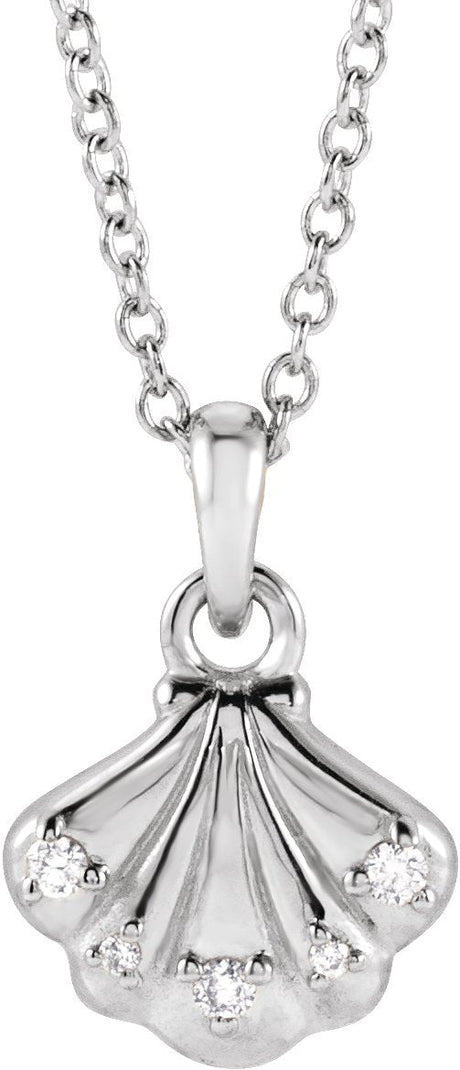 14K Gold Round Natural Diamond Seashell Necklace or Pendant - White Gold