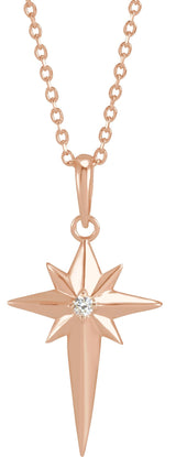 14K Gold Round Natural Diamond Star Cross Necklace or Pendant - Rose Gold