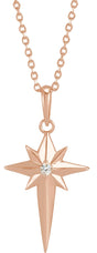 14K Gold Round Natural Diamond Star Cross Necklace or Pendant - Rose Gold