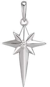 14K Gold Round Natural Diamond Star Cross Necklace or Pendant - White Gold