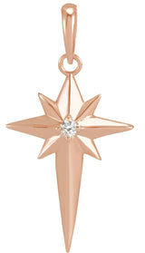 14K Gold Round Natural Diamond Star Cross Necklace or Pendant - Rose Gold