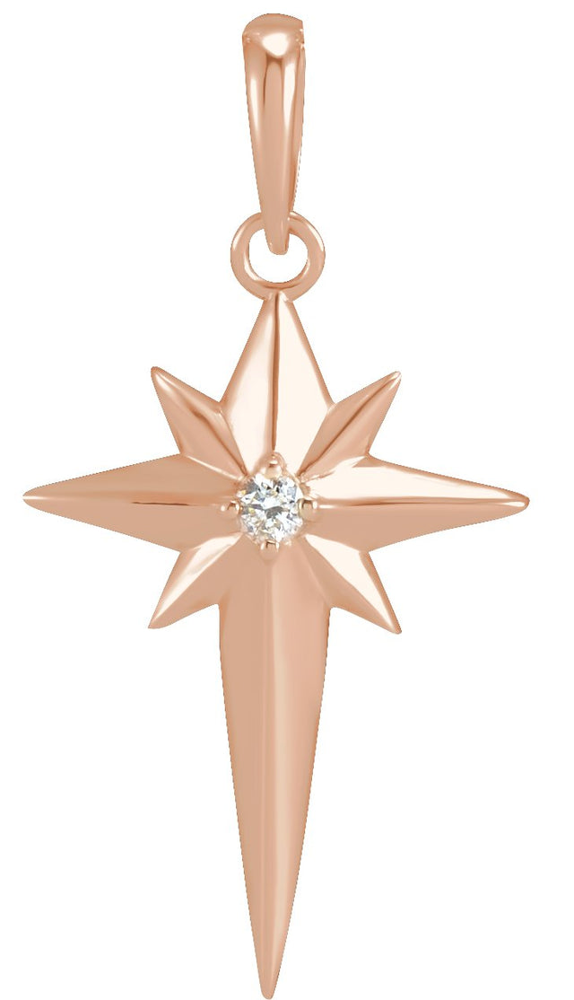 14K Gold Round Natural Diamond Star Cross Necklace or Pendant - Rose Gold