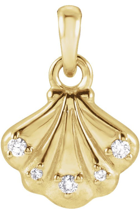 14K Gold Round Natural Diamond Seashell Necklace or Pendant - Yellow Gold
