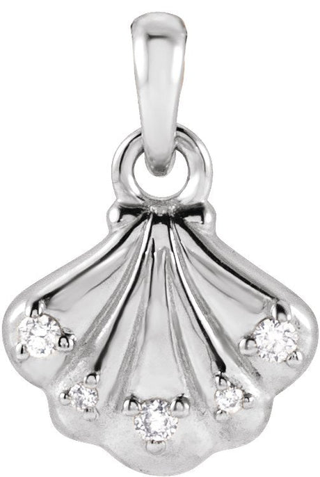 14K Gold Round Natural Diamond Seashell Necklace or Pendant - White Gold