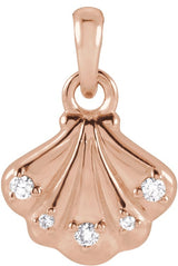 14K Gold Round Natural Diamond Seashell Necklace or Pendant - Rose Gold