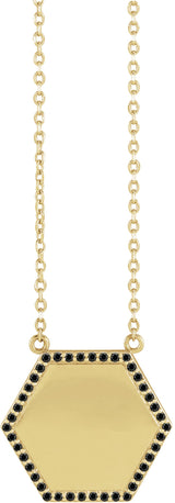 14K Gold Round Natural Black Diamond Engravable Hexagon Necklace - Yellow Gold