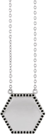14K Gold Round Natural Black Diamond Engravable Hexagon Necklace - White Gold