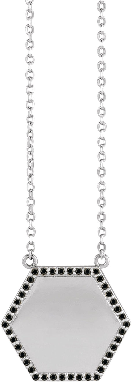 14K Gold Round Natural Black Diamond Engravable Hexagon Necklace - White Gold