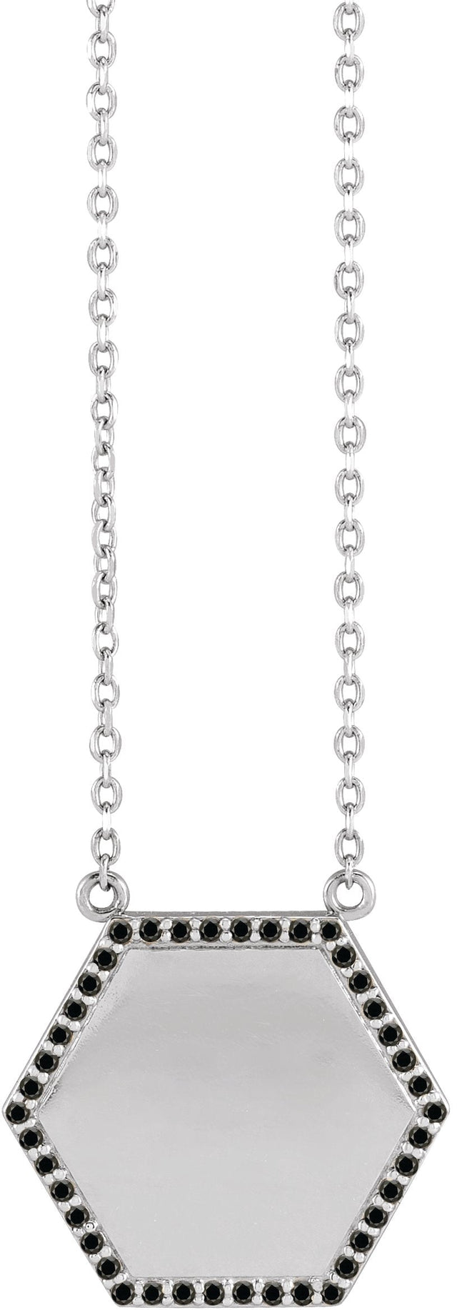 14K Gold Round Natural Black Diamond Engravable Hexagon Necklace - White Gold