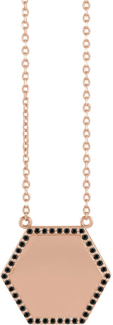 14K Gold Round Natural Black Diamond Engravable Hexagon Necklace - Rose Gold