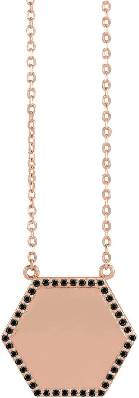 14K Gold Round Natural Black Diamond Engravable Hexagon Necklace - Rose Gold
