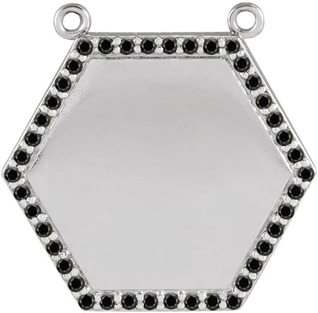 14K Gold Round Natural Black Diamond Engravable Hexagon Necklace - White Gold