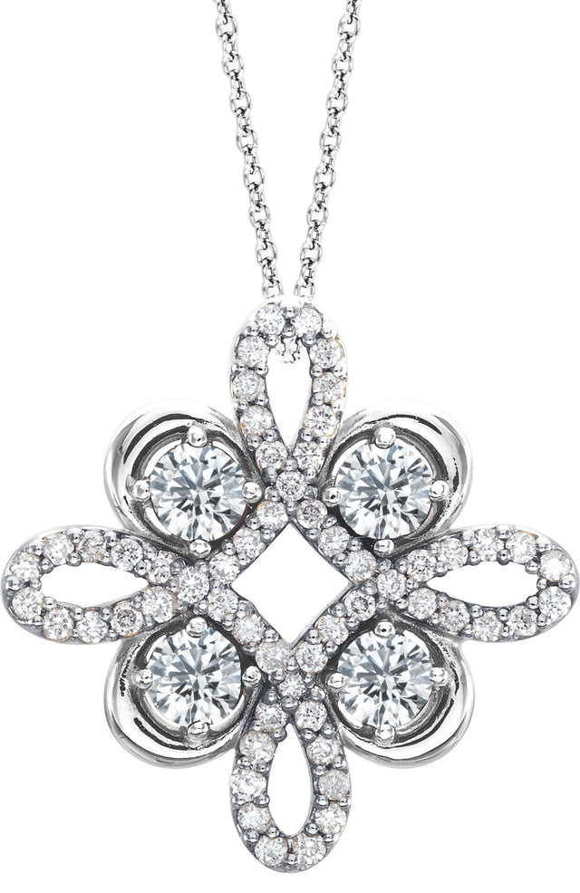 Platinum Round Natural Diamond Clover Necklace or Pendant