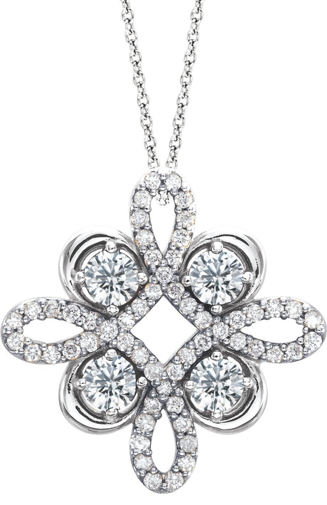 14K Gold Round Natural Diamond Clover Necklace or Pendant - White Gold