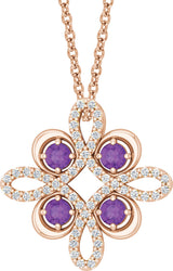 14K Gold Round Natural Amethyst Clover Necklace or Pendant - Rose Gold
