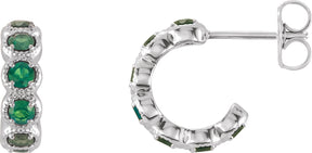 Platinum Round Lab-Grown Emerald Accented Hoop Earrings