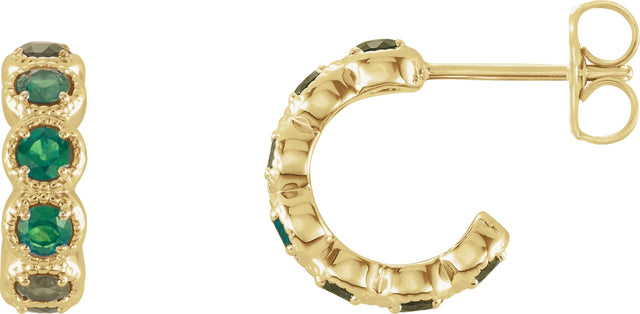 14K Gold Round Lab-Grown Emerald Accented Hoop Earrings - Yellow Gold