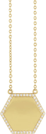 14K Gold Round Natural Diamond Engravable Hexagon Necklace - Yellow Gold