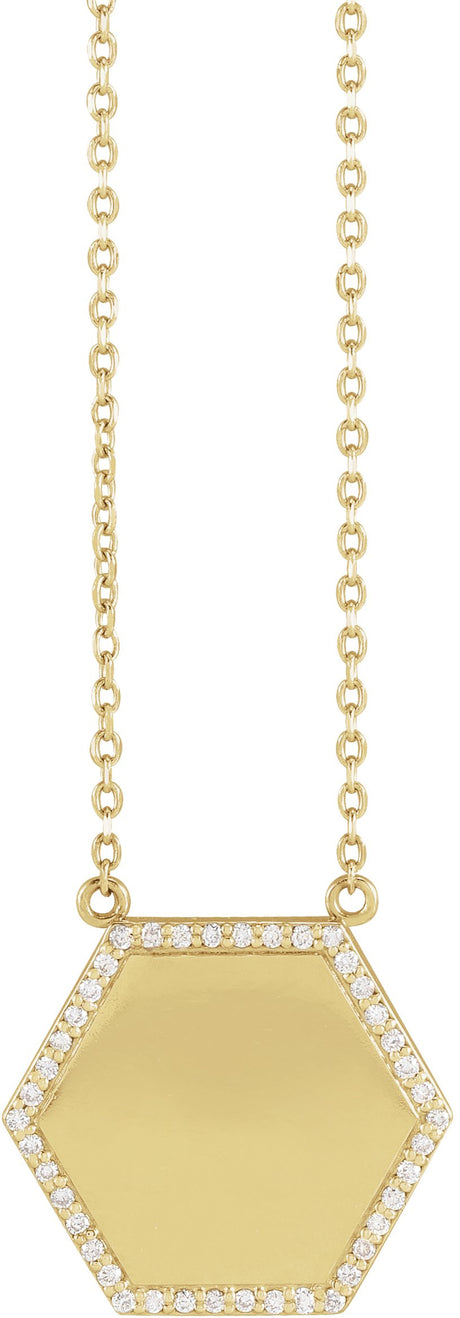 14K Gold Round Natural Diamond Engravable Hexagon Necklace - Yellow Gold