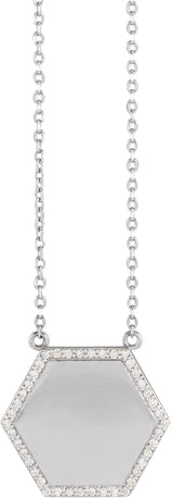14K Gold Round Natural Diamond Engravable Hexagon Necklace - White Gold