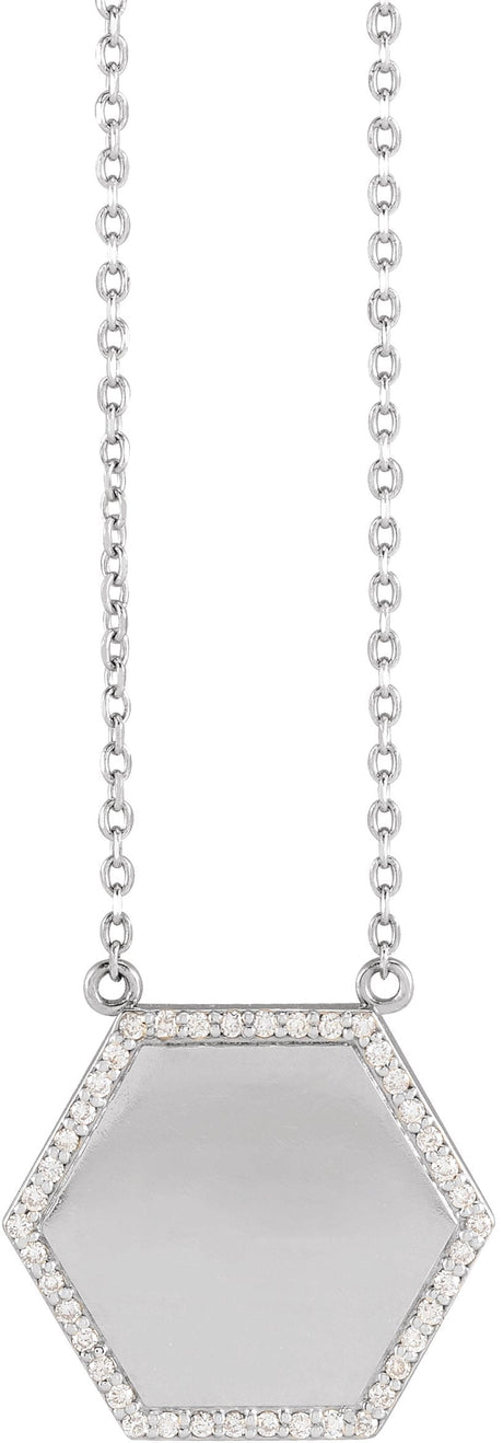 14K Gold Round Natural Diamond Engravable Hexagon Necklace - White Gold