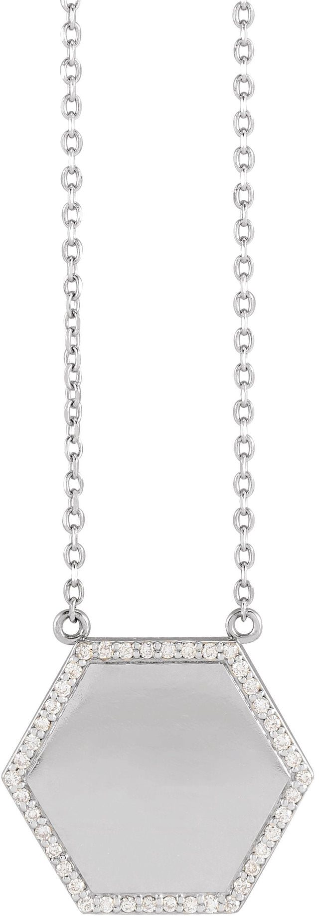 14K Gold Round Natural Diamond Engravable Hexagon Necklace - White Gold