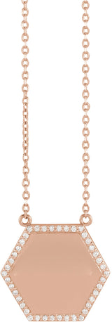 14K Gold Round Natural Diamond Engravable Hexagon Necklace - Rose Gold