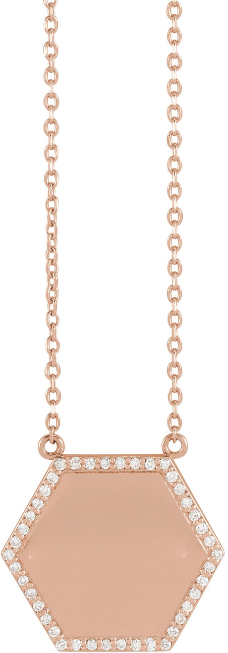 14K Gold Round Natural Diamond Engravable Hexagon Necklace - Rose Gold