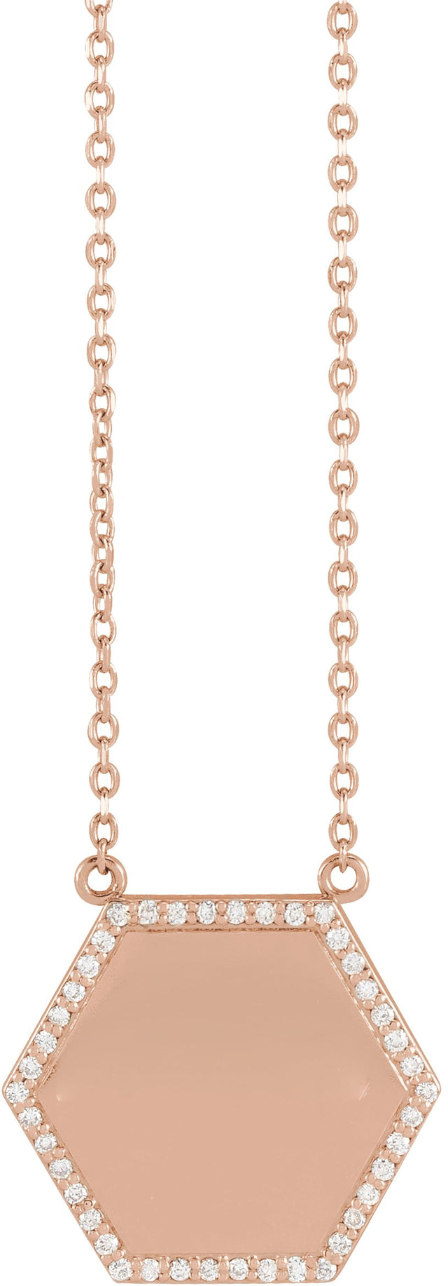 14K Gold Round Natural Diamond Engravable Hexagon Necklace - Rose Gold