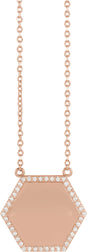 14K Gold Round Natural Diamond Engravable Hexagon Necklace - Rose Gold