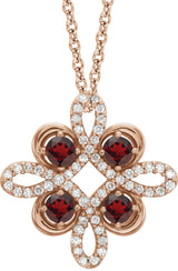 14K Gold Round Natural Mozambique Garnet Clover Necklace or Pendant - Rose Gold