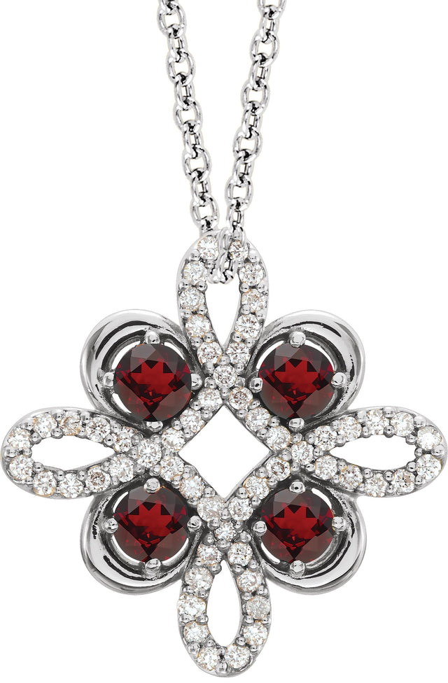 14K Gold Round Natural Mozambique Garnet Clover Necklace or Pendant - White Gold
