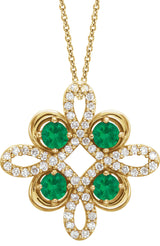 14K Gold Round Natural Emerald Clover Necklace or Pendant - Yellow Gold