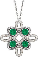 Platinum Round Natural Emerald Clover Necklace or Pendant