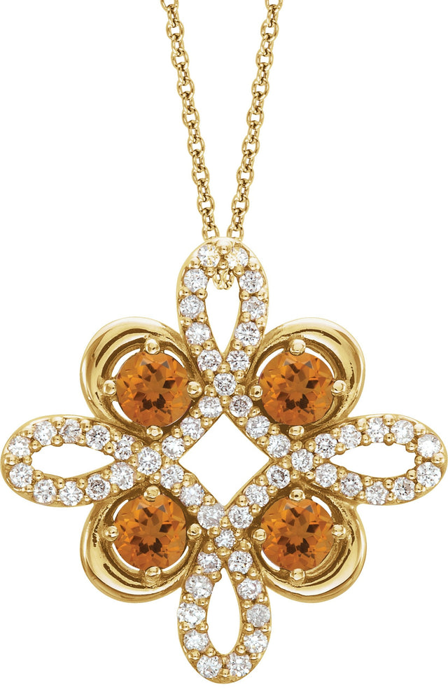 14K Gold Round Natural Citrine Clover Necklace or Pendant - Yellow Gold