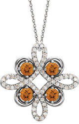 14K Gold Round Natural Citrine Clover Necklace or Pendant - White Gold