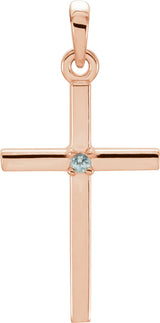 14K Gold Round Natural Blue Zircon Birthstone Cross Pendant - Rose Gold