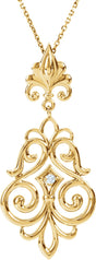 14K Gold Round Natural Diamond Fleur-de-lis Sculptural Necklace or Pendant