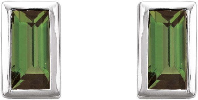 Platinum Natural Green Tourmaline Straight Baguette Bezel-Set Stud Earrings - view 2