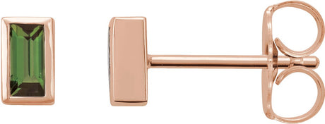 14K Gold Natural Green Tourmaline Straight Baguette Bezel-Set Stud Earrings - Rose Gold