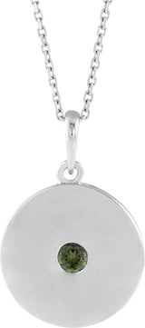 Platinum Round Natural Green Tourmaline Disc Necklace or Pendant