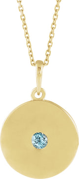 14K Gold Round Natural Sky Blue Topaz Disc Necklace or Pendant - Yellow Gold