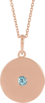 14K Gold Round Natural Sky Blue Topaz Disc Necklace or Pendant - Rose Gold